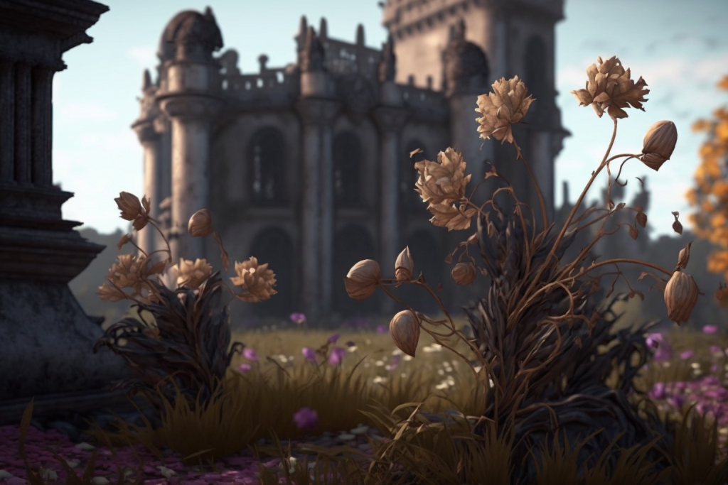 Dead wilted flowers in a kingdom.