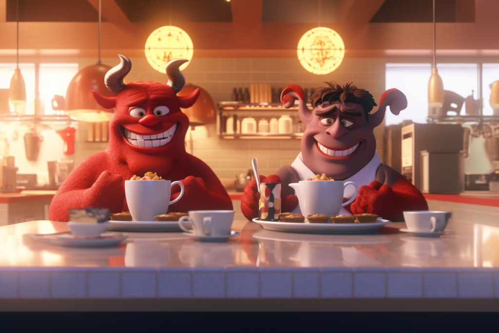 Devils eating in a diner.