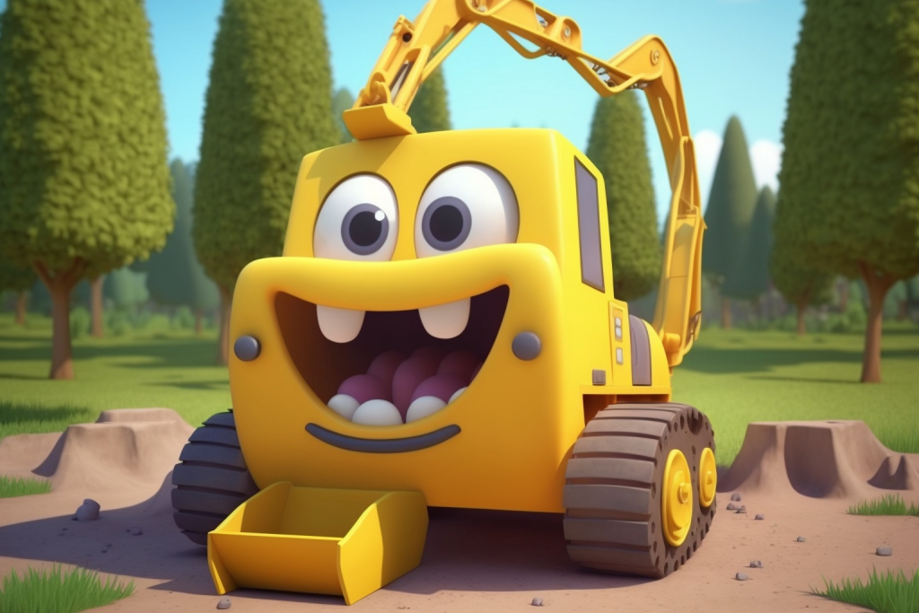 A cute cartoon yellow excavator Diggie in a playground.