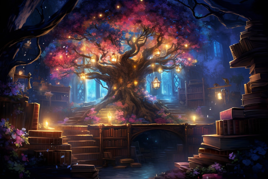 Colorful magical tree inside of an enchanted world with books around it.