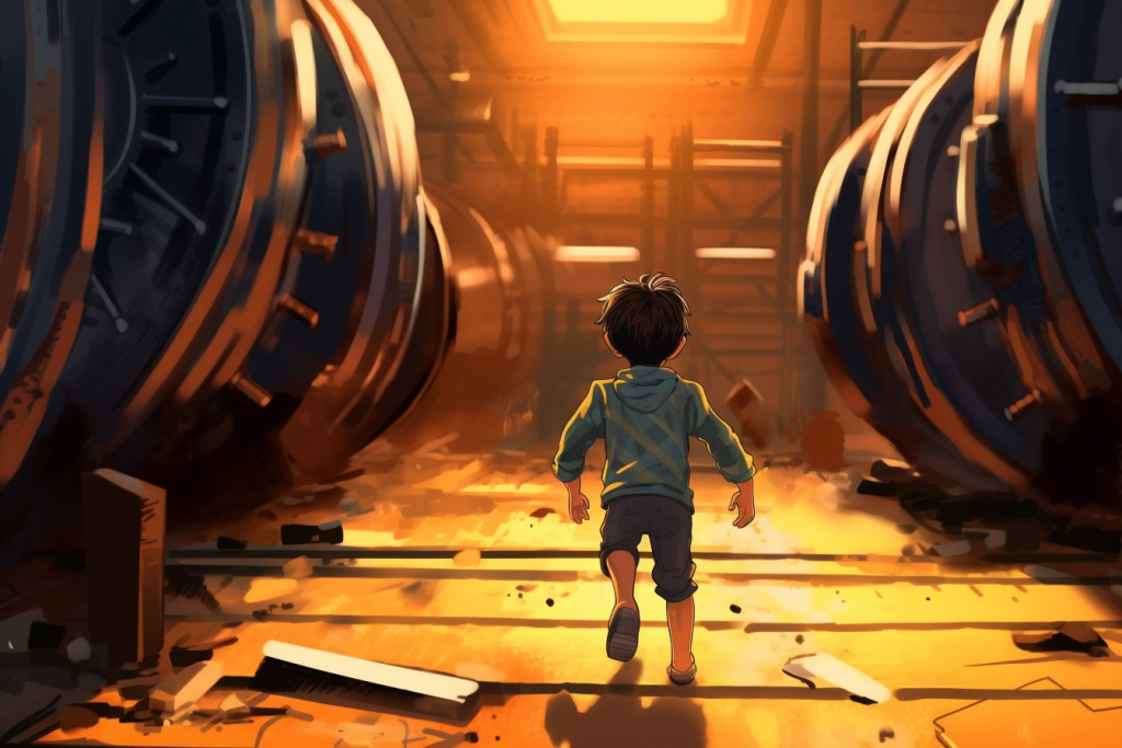 Young boy Ethan with black hair exploring an old abandoned nuclear plant.