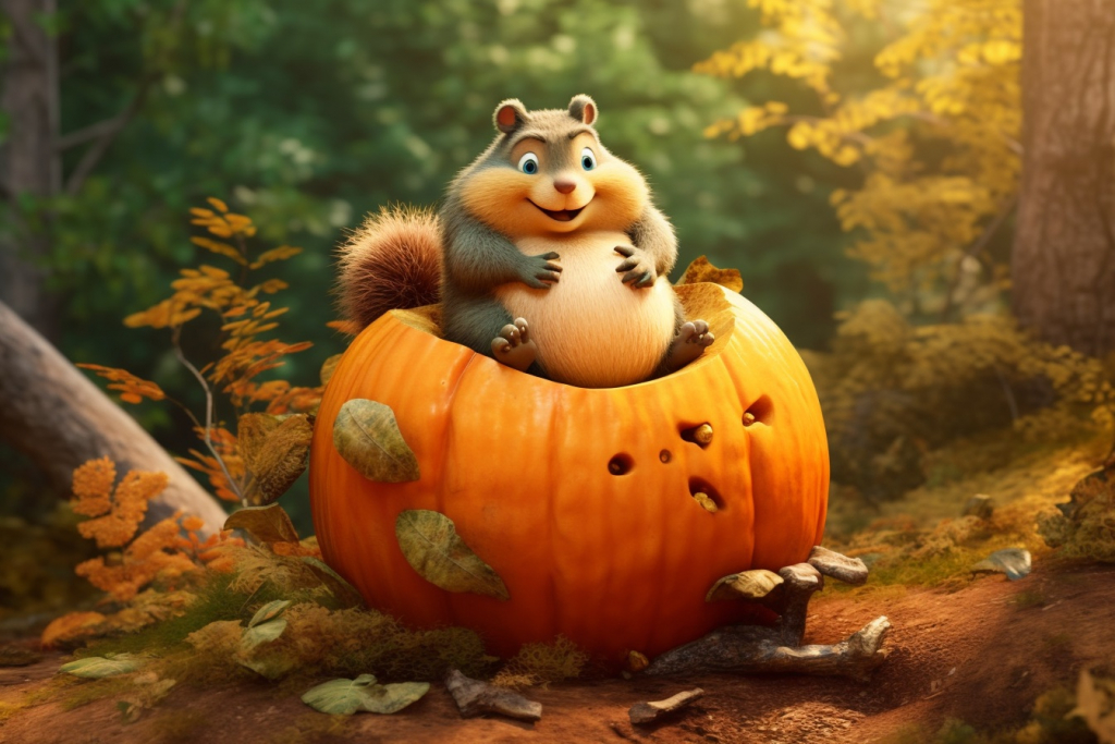 A fat squirrel inside a pumpkin.
