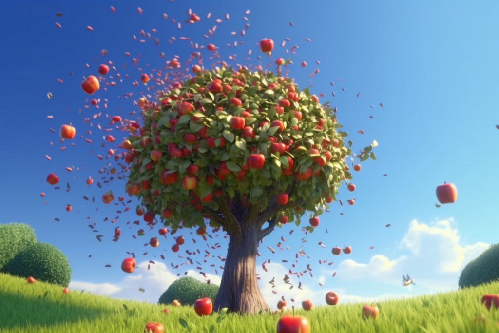 Apples flying off an apple tree.