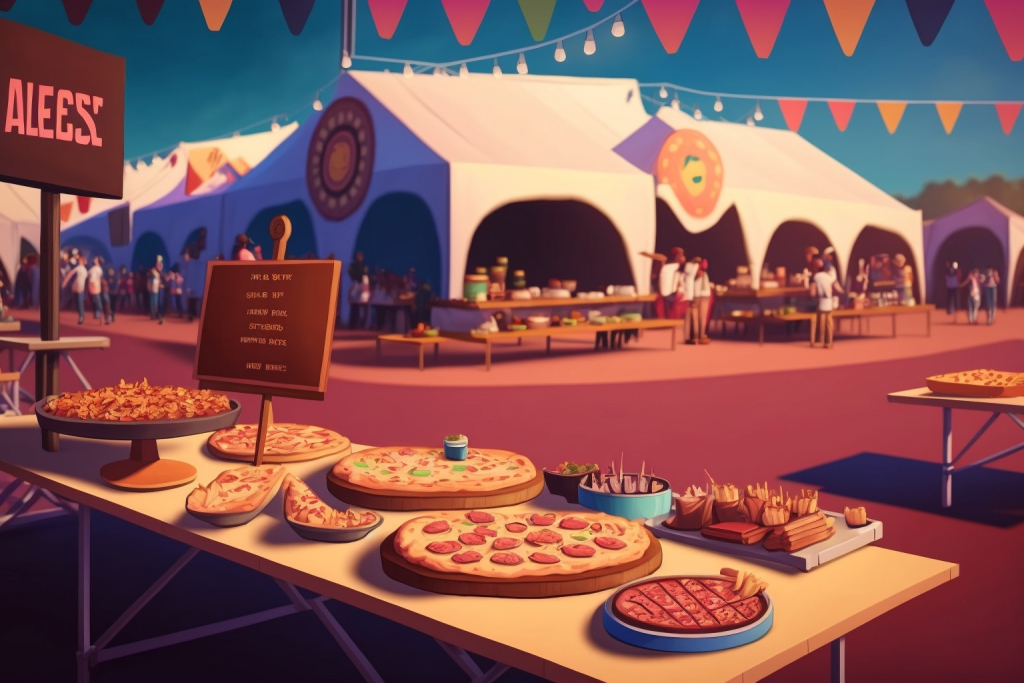 Pizza and other food on a food festival.