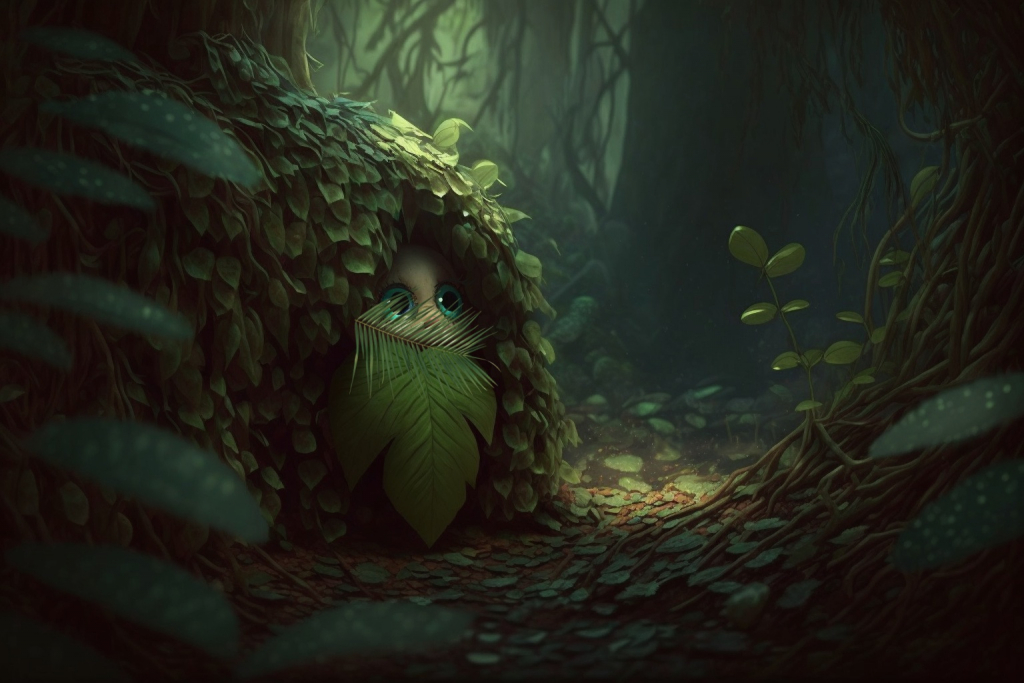 A fairy hiding behind leaves in forest.