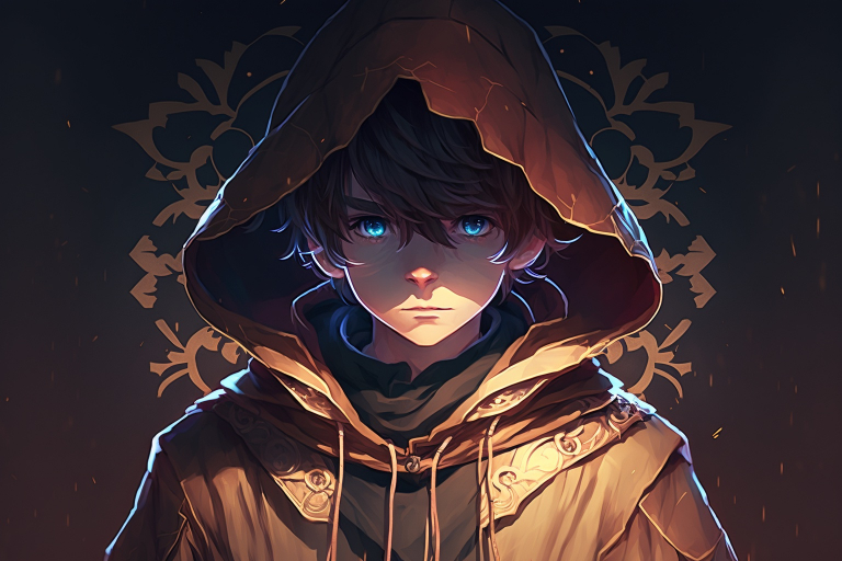 Anime boy Hikaru in a hooded cloak with glowing blue eyes.