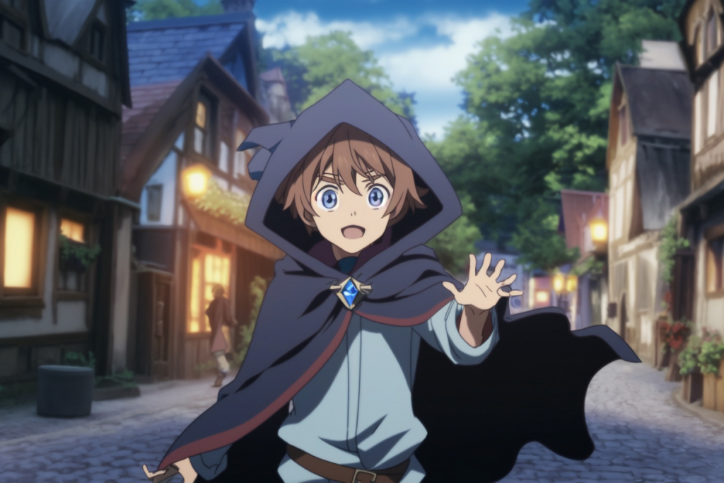 Anime boy Hikaru walking in a village.