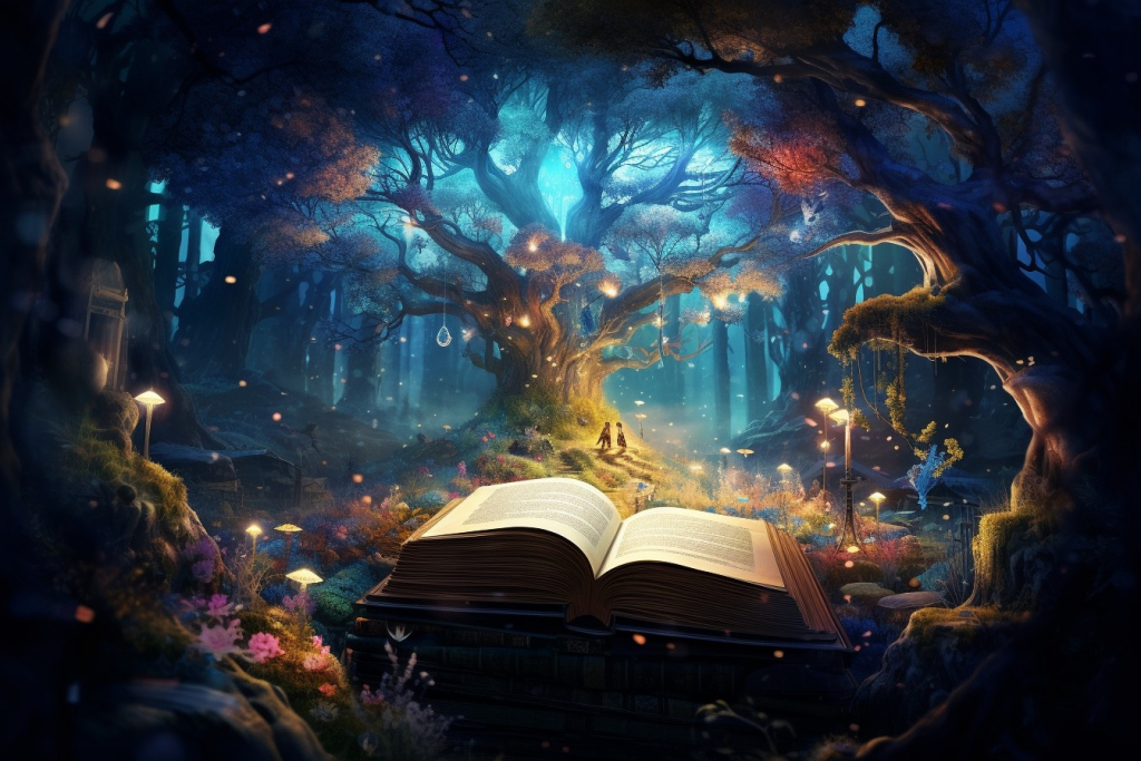 Enchanted colorful tree with magical book under it.