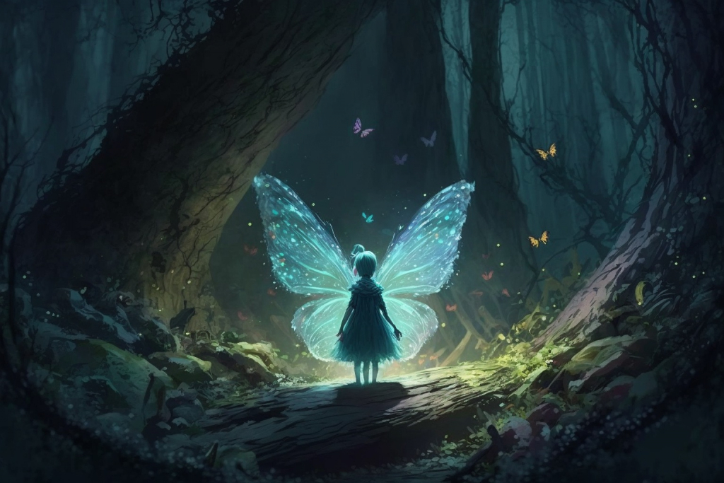 Magical fairy with glowing blue wing in a dark forest.