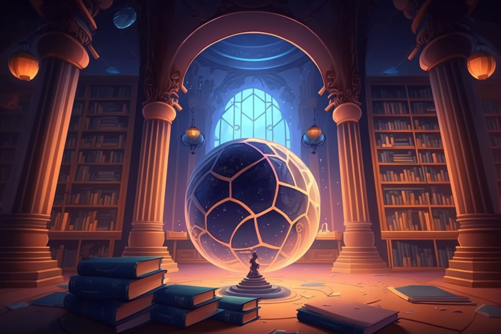 Magical library with giant bookshelves and a big globe.