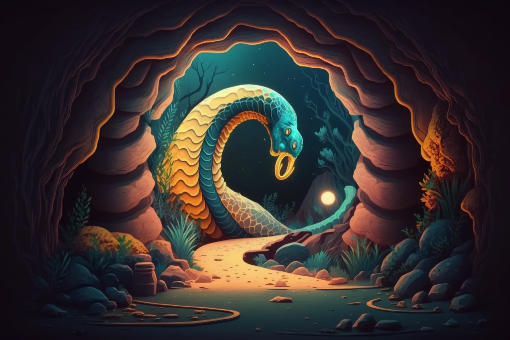 Magical scary snake guarding a cave.