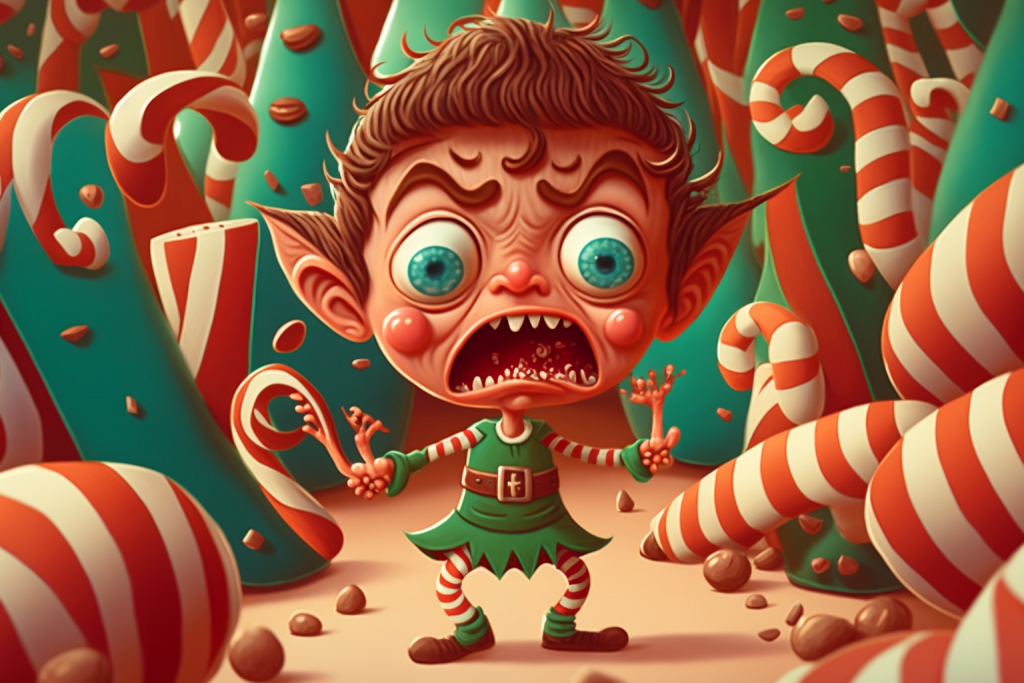 Cartoon mischievous imp in candy cane land.