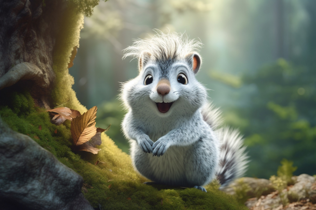 An old grey cartoon squirrel in a forest.