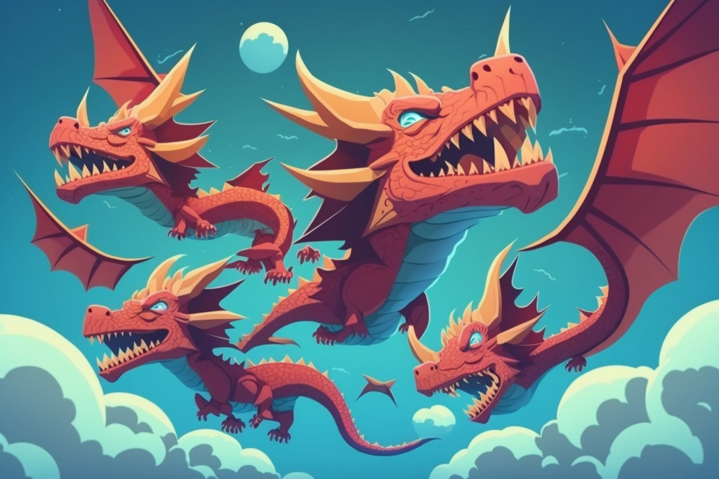 A pack of red fearsome dragons flying in the sky.