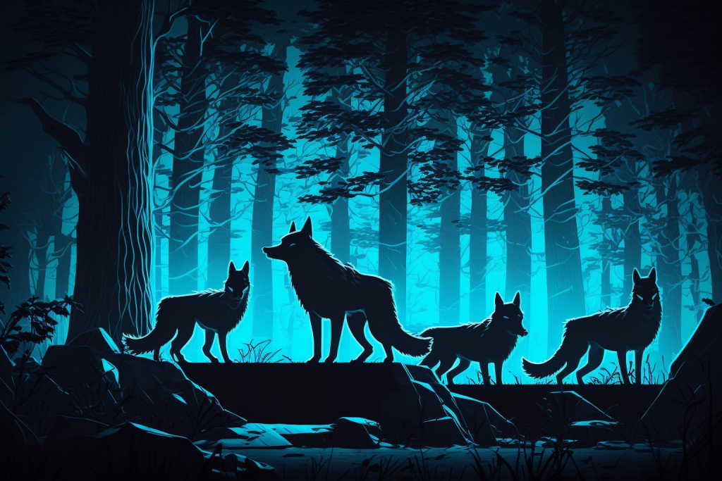 A pack of shadowy wolves in a dark and gloomy forest.