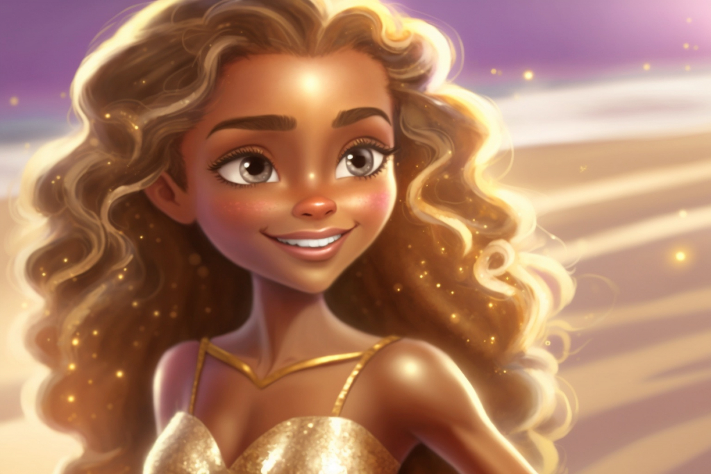 Summer princess Solara with beautiful golden shimmering hair and gold dress.