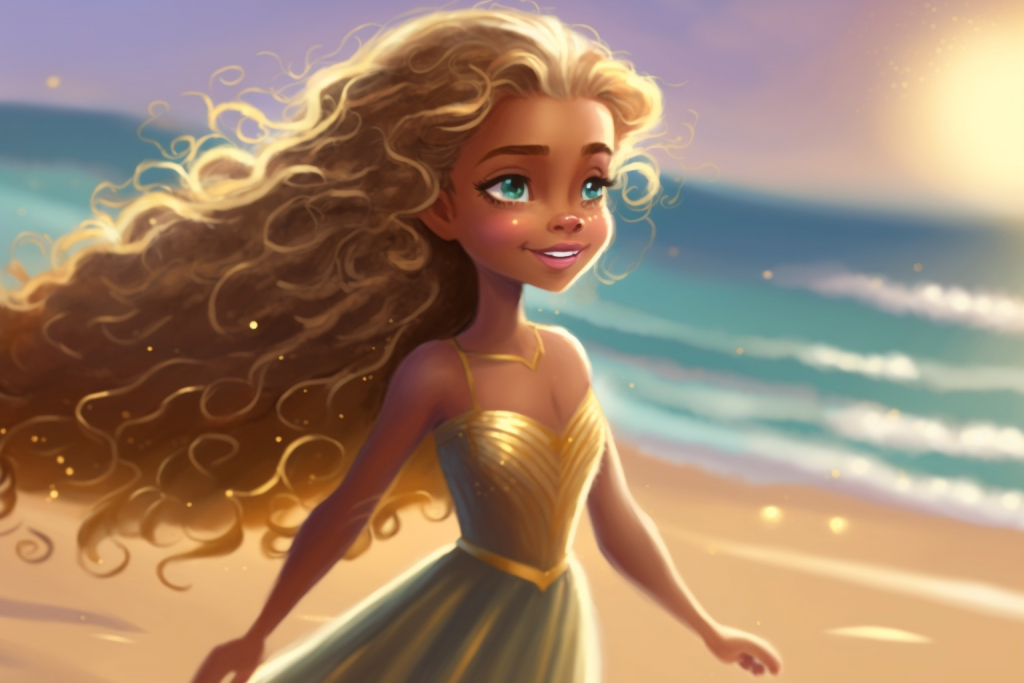 Cartoon summer princess Solara in a gold dress walking on a beach.