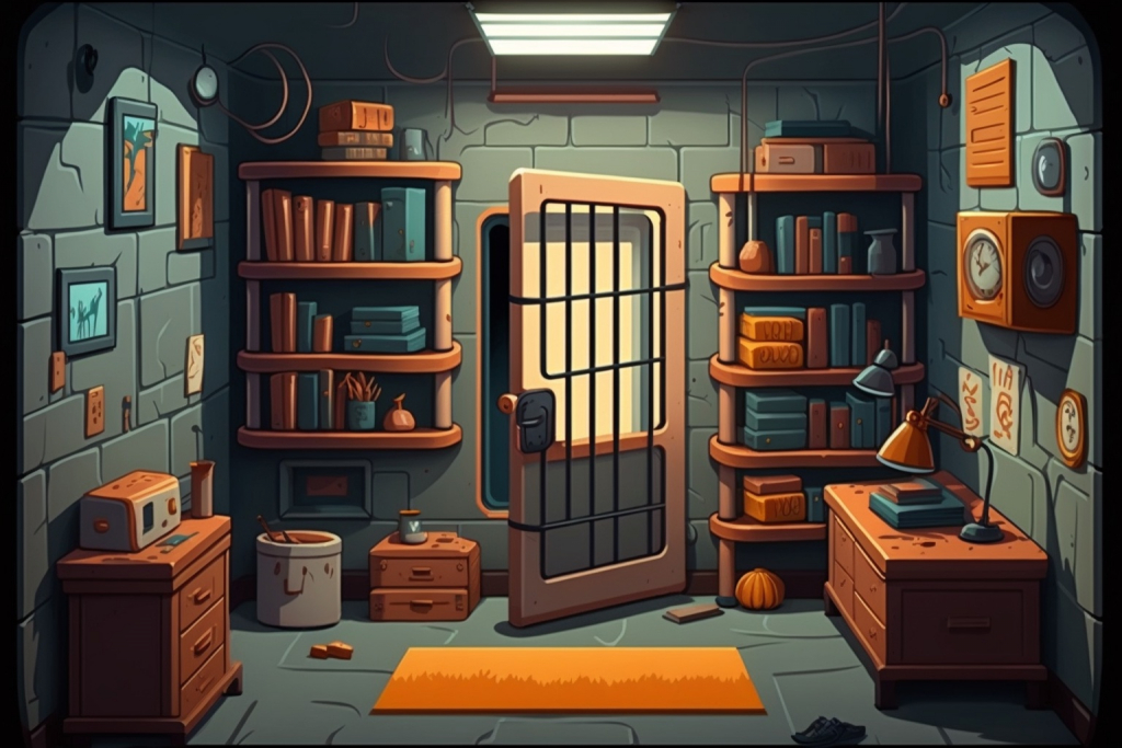A cartoon prison cell with different books and puzzles.