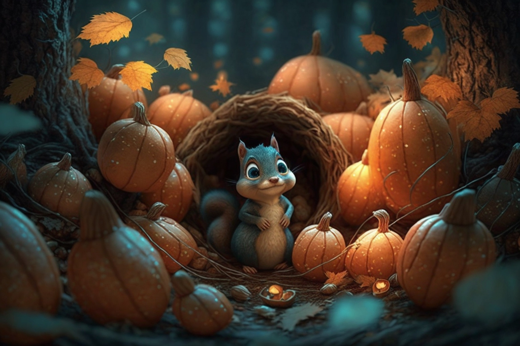 A cute cartoon squirrel surrounded by many pumpkins.