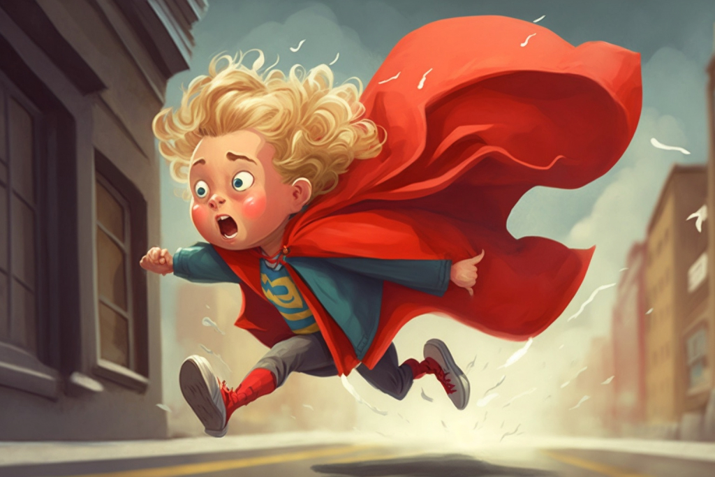 Cartoon superhero Sam with blonde hair and red cape shocked by floating in air above the pavement.