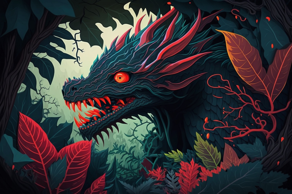 A scary black dragon with red eyes in a colorful jungle.