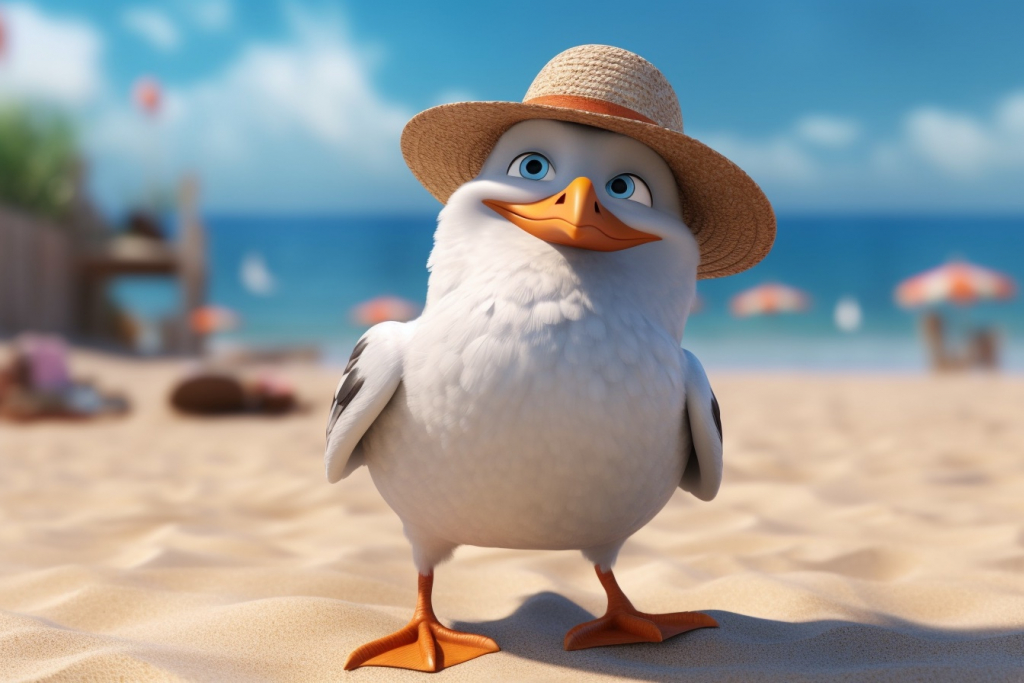 A cute cartoon seagull with summer hat.