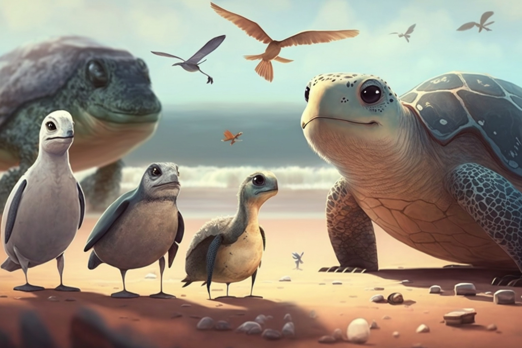 Cartoon seagulls and turtles on a beach.