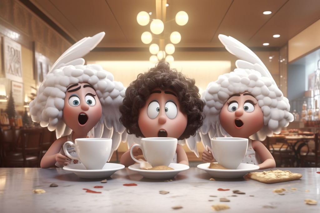 Shocked angels drinking chilli hot chocolate.