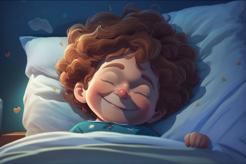 A young cartoon boy Timmy with brown wavy hair sleeping.