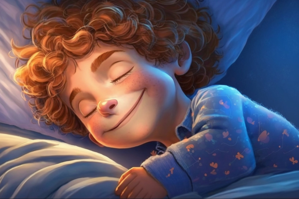 A young cartoon boy Timmy with brown wavy hair happily sleeping.