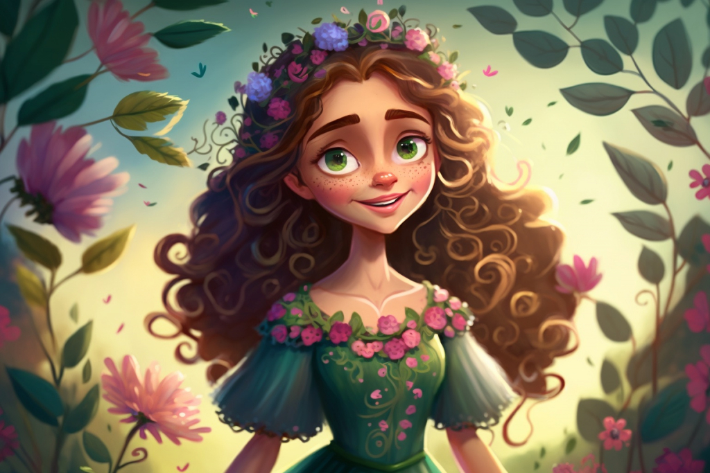Spring princess Blossom in a beautiful green dress surrounded by flowers.