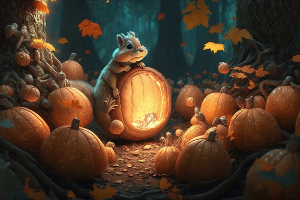 Squirrel protecting his pumpkins in a forest.