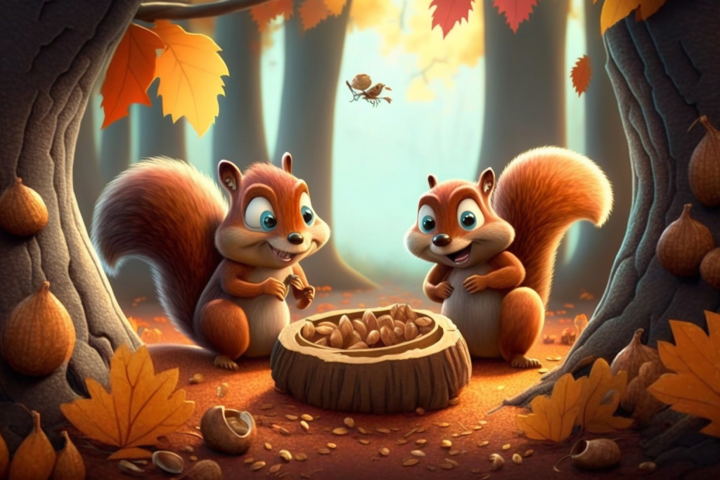 Two cute happy squirrels eating a big bowl of nuts in a forest.