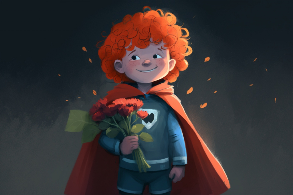 A young superhero Jack with red curly hair with flower in his hand.