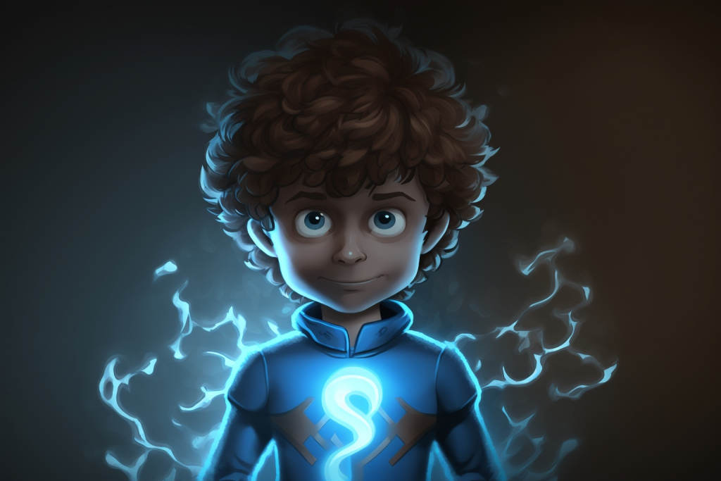 Young superhero Luke with shaggy brown hair in blue costume.