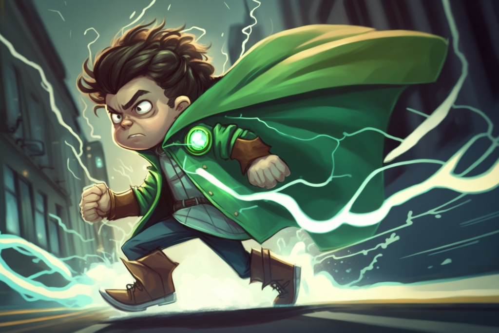 Superhero Max in green cape creating an electric force field around him.