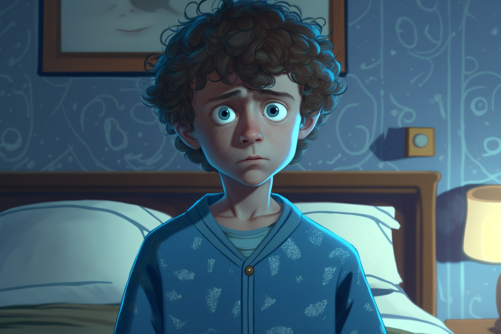 A young surprised boy sitting on his bed during the night.