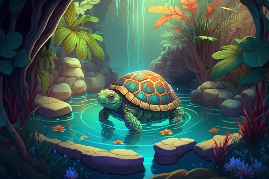 Old tortoise in a magical healing mystical pool.