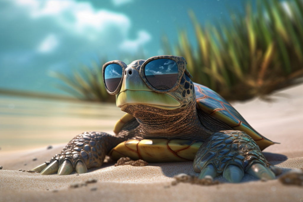 A cartoon sea turtle with sunglasses.