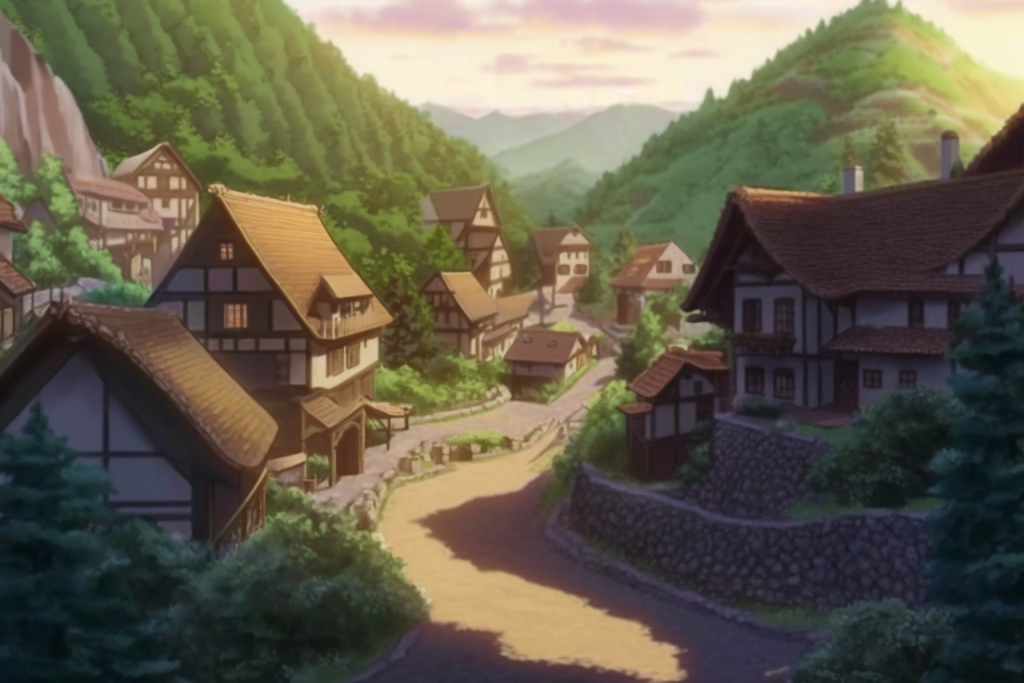 A sunny day in a beautiful anime village.