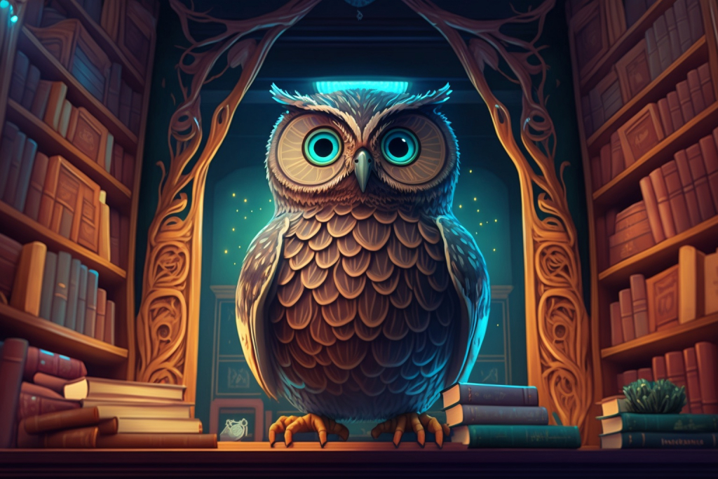 Old wise owl in a library.