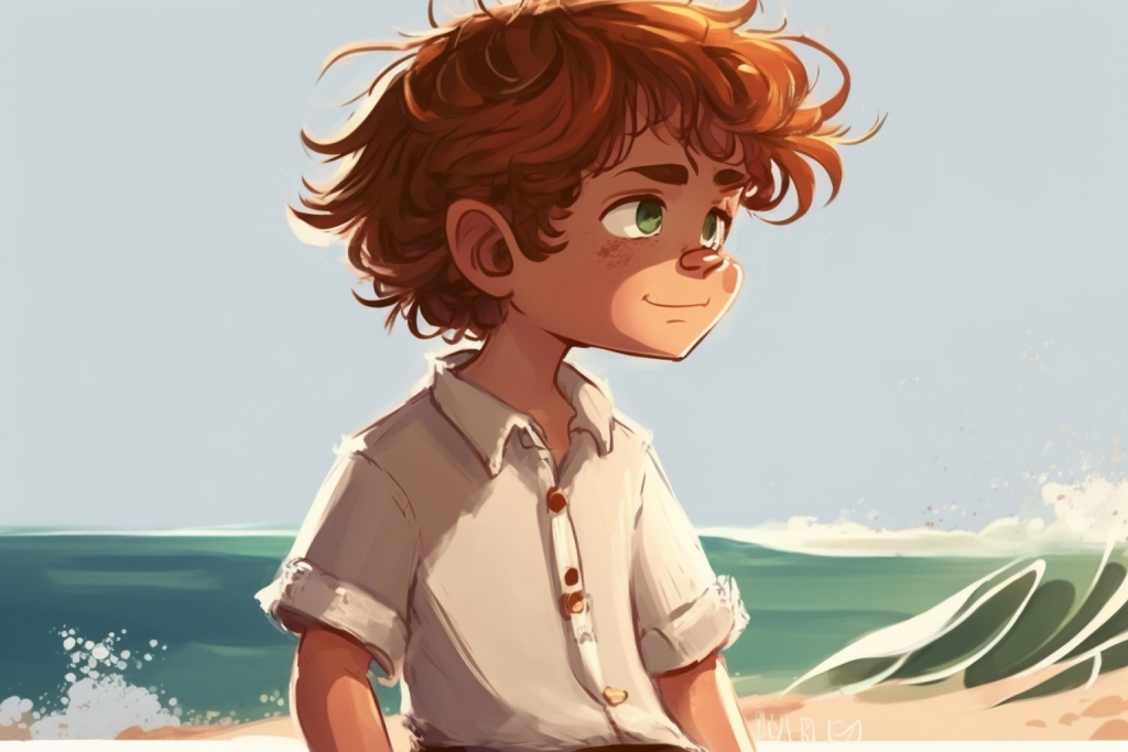 A young boy Oliver in a linen white shirt on a beach.