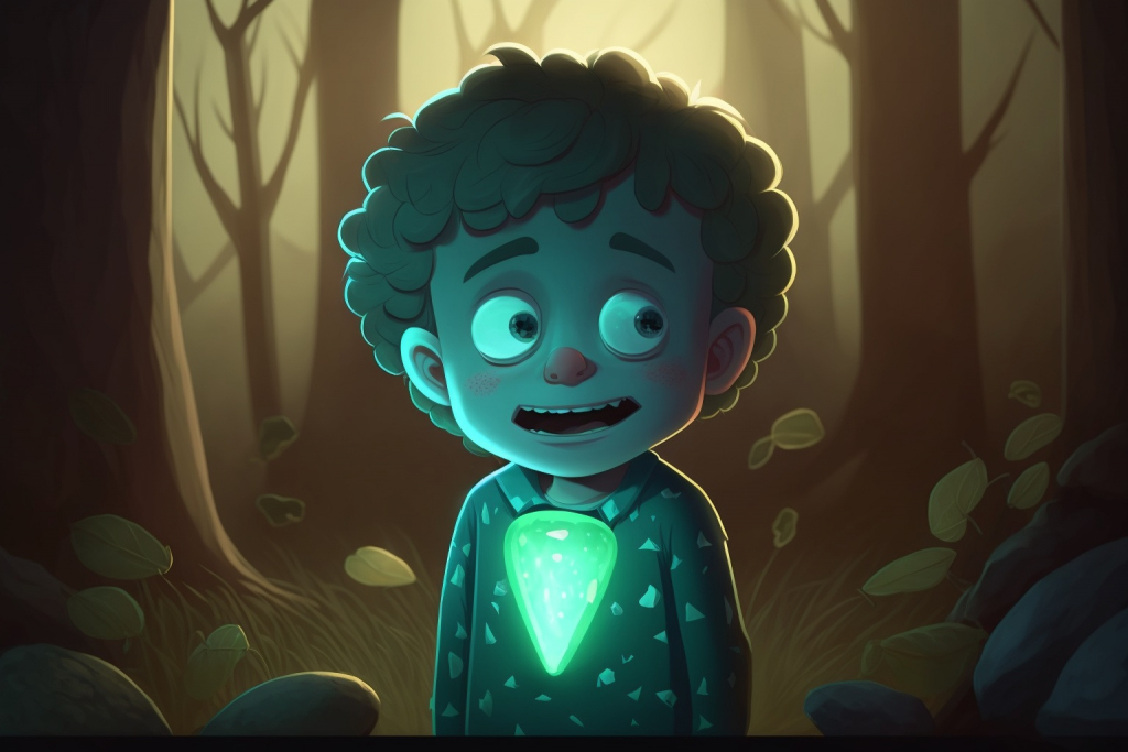A young boy with a glowing green crystal on his chest in a forest.
