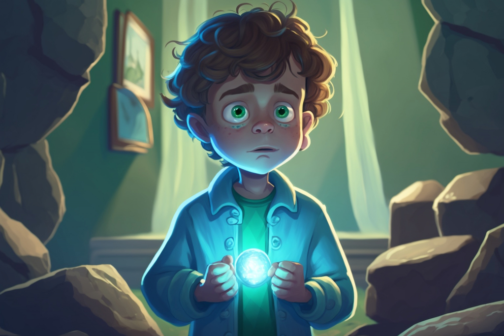 A young cartoon boy holding a glowing blue crystal.