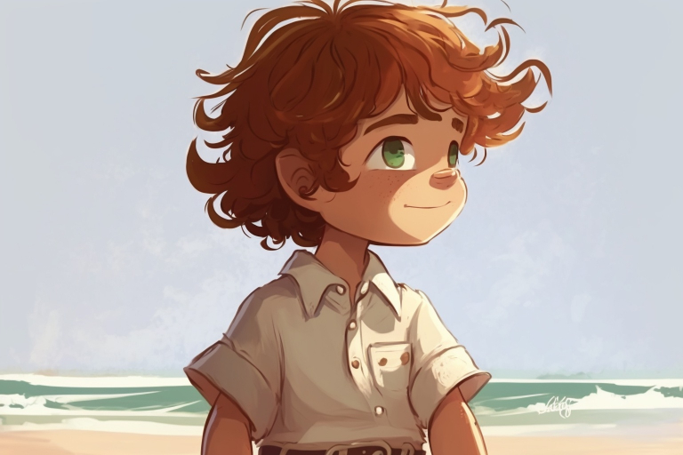 A young boy Oliver with wavy brown hair and green eyes sitting at the beach.