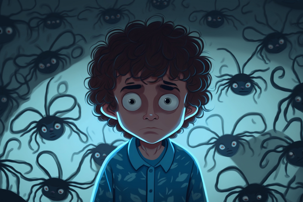 A young cartoon boy surrounded by many spiders.