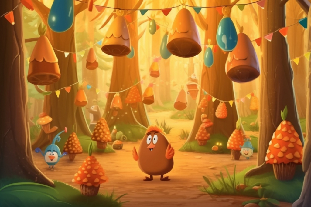 Forest birthday party with giant acorn decorations hanging from trees.