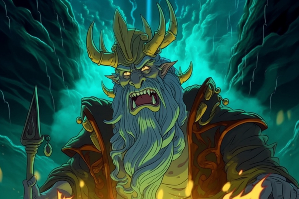 An angry cartoon sea king.