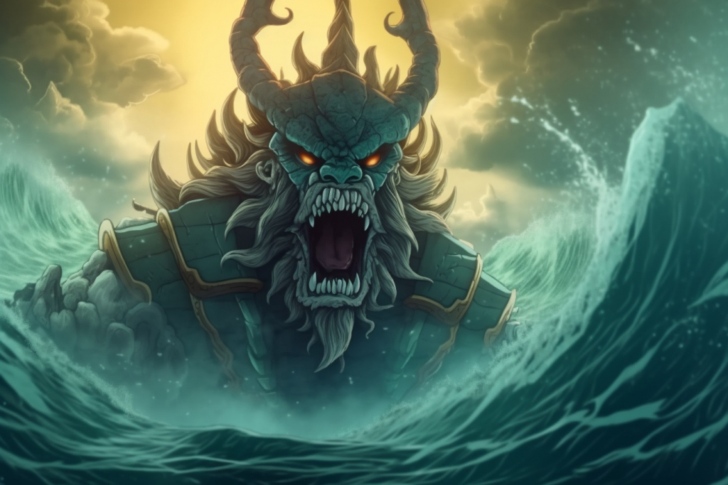 An angry cartoon sea king surrounded by huge waves.