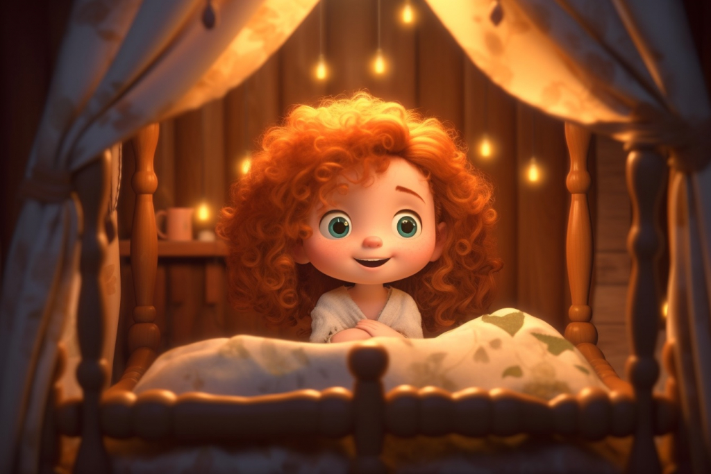 A cartoon baby girl with red hair in her bed.